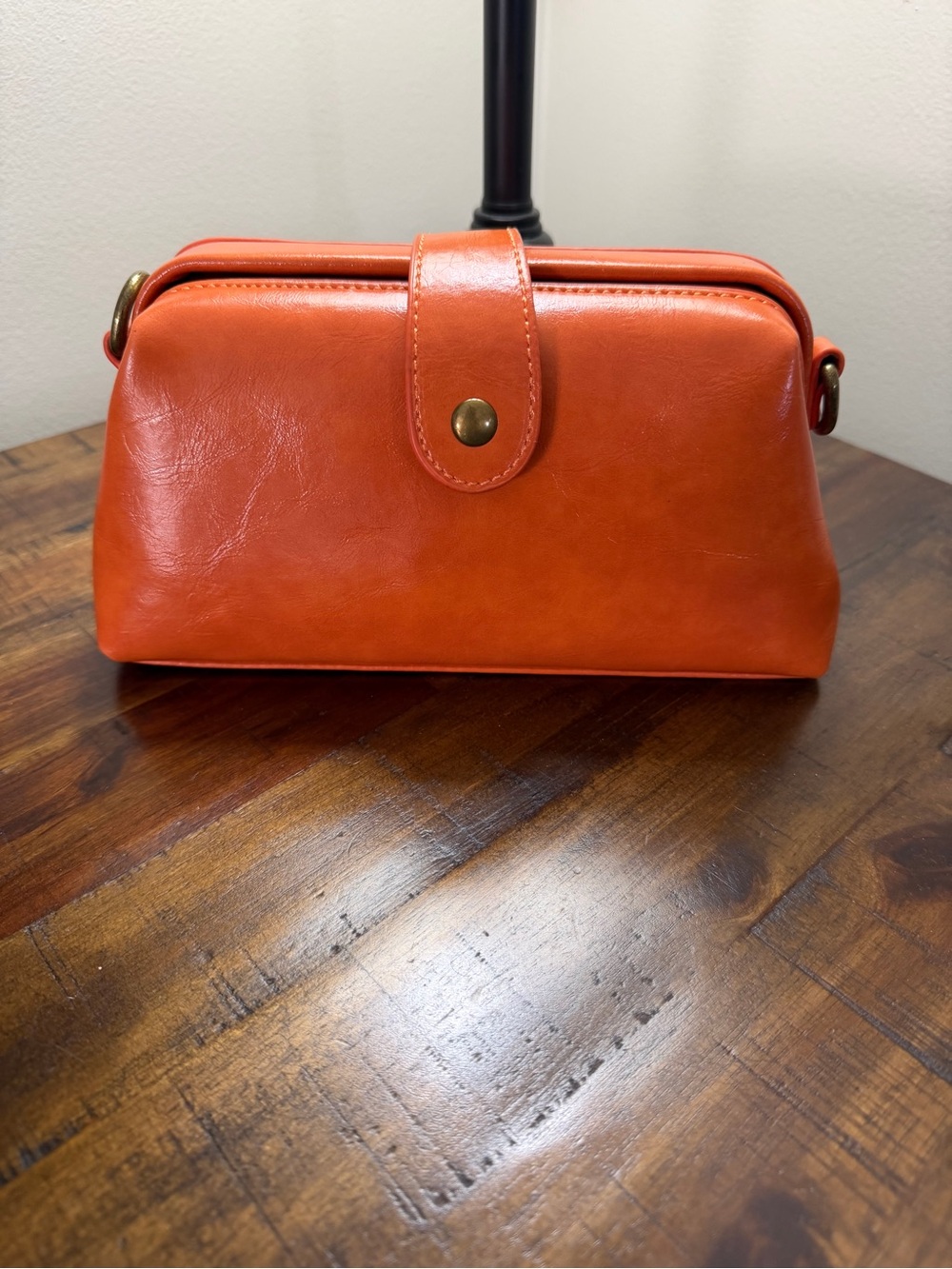 Women's Orange Leather Crossbody Bag - Classic Snap Closure
